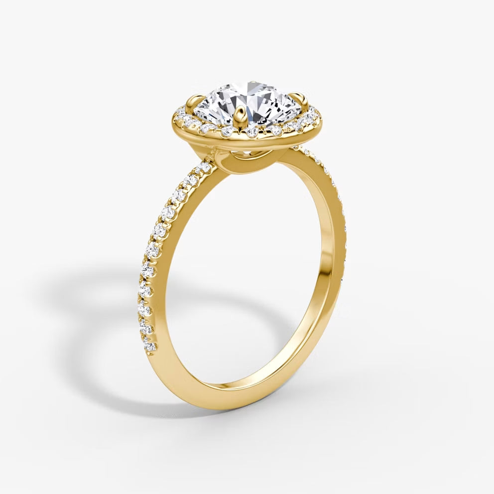 1,00 Carat Round Kesim Halo Pırlanta Yüzük Sarı Altın yan görünüm